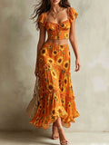 Sunflower Print Ruffle Crop Top & Tiered Skirt Set