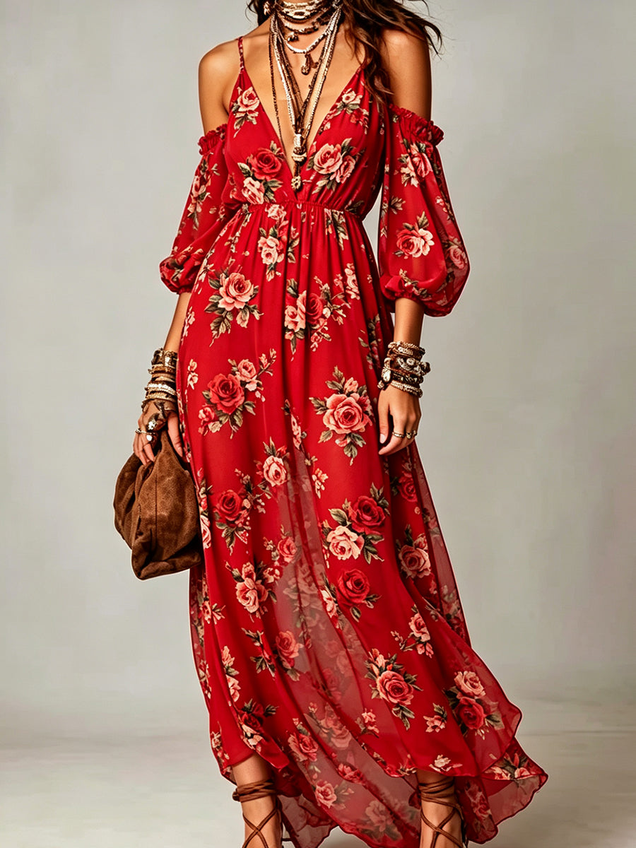 Cold Shoulder Floral Print Chiffon Maxi Dress