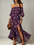 Off-Shoulder Iris Print Slit Maxi Dress
