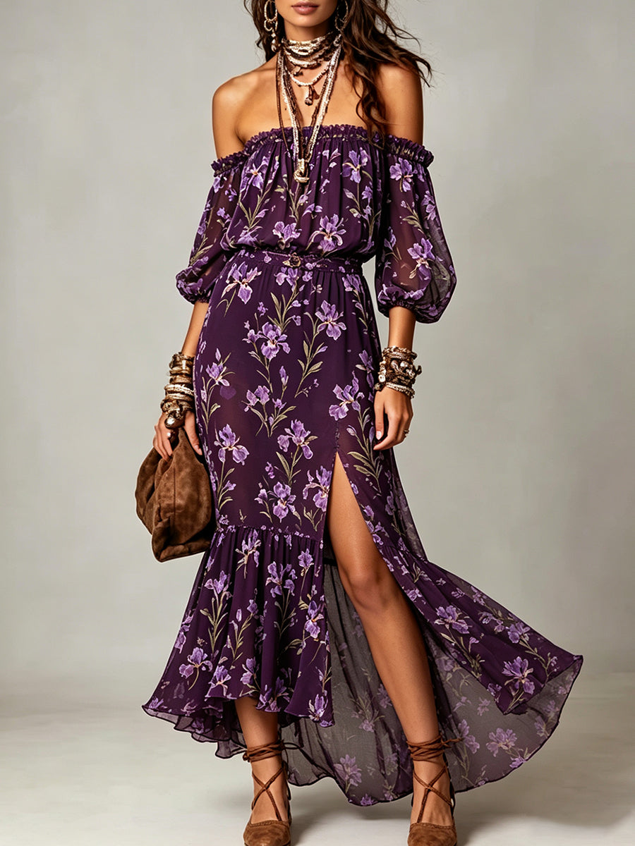 Off-Shoulder Iris Print Slit Maxi Dress