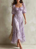 Square Neck Puff Sleeve Lavender Print Midi Dress