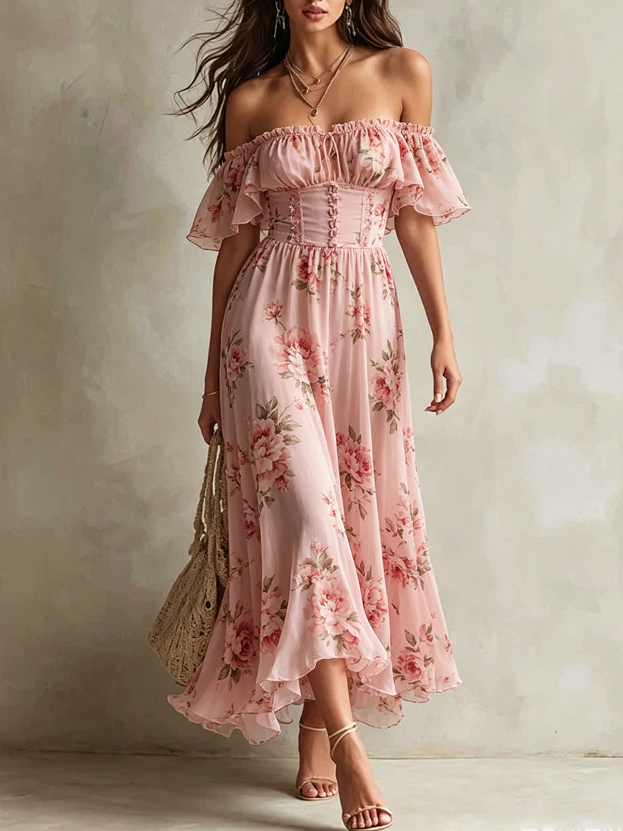 Off-Shoulder Ruffle Floral Corset Midi Dress