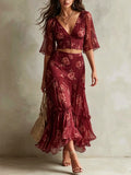 Rose Print Flutter Sleeve Crop Top & Tiered Skirt Set