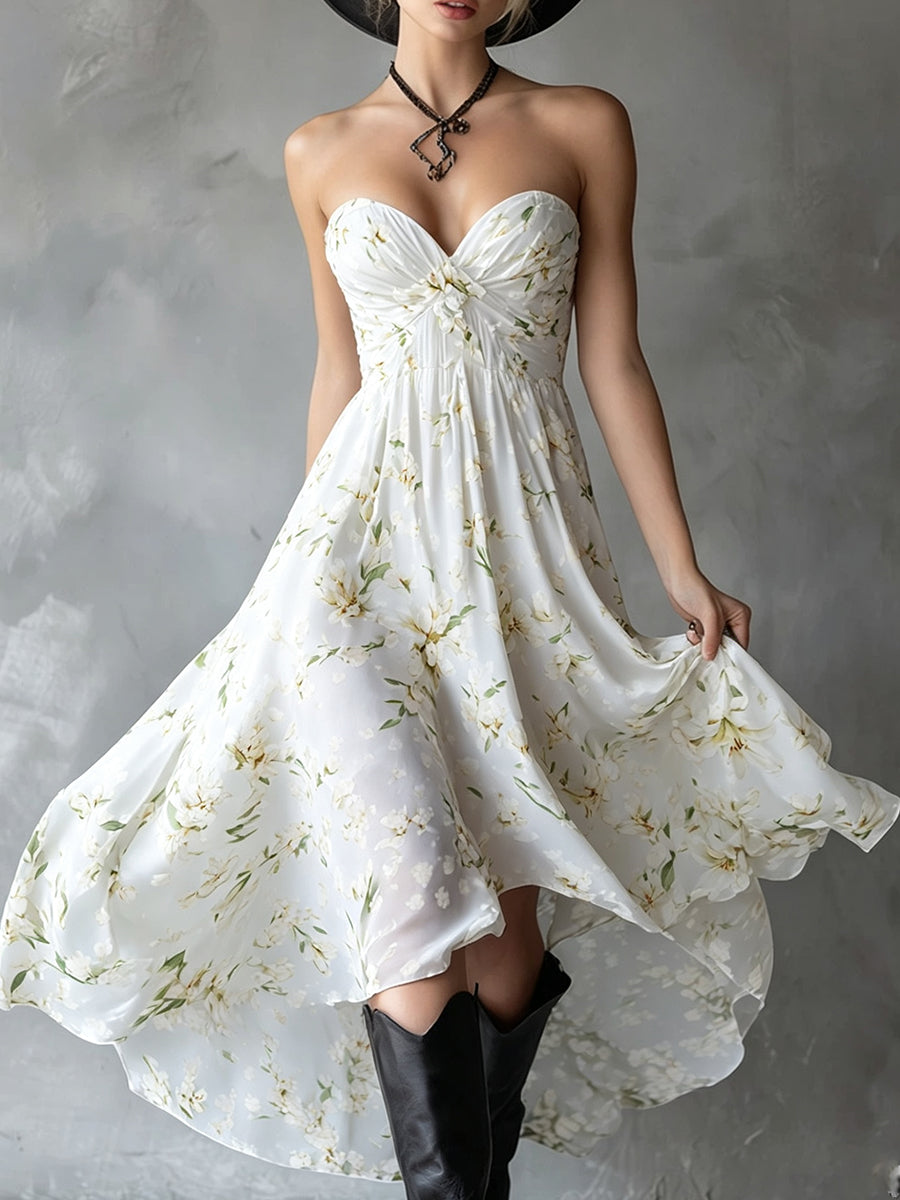 Strapless Floral Print Chiffon Maxi Dress