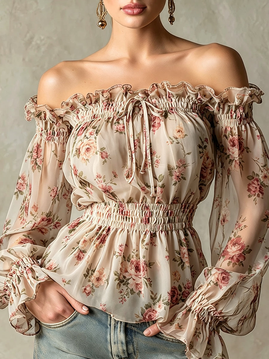 Off-Shoulder Ruffle Floral Chiffon Blouse