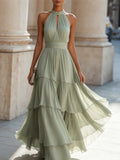 Halter Neck Tiered Ruffle Chiffon Maxi Dress