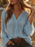 Pleated V-Neck Bell Sleeve Linen Blouse