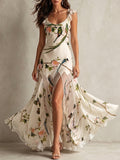 Bird Floral Print Ruffle Strap Satin Maxi Dress