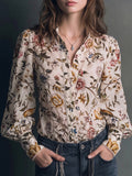 Vintage Floral Print Lace Trim Button-Down Blouse