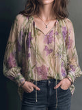 Purple Floral Print Tie-Neck Chiffon Blouse