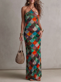 Halter Neck Scalloped Scale Print Maxi Dress
