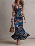 Floral Print Halter Deep V-Neck Mermaid Maxi Dress