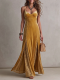Velvet Spaghetti Strap Lace Panel Maxi Dress