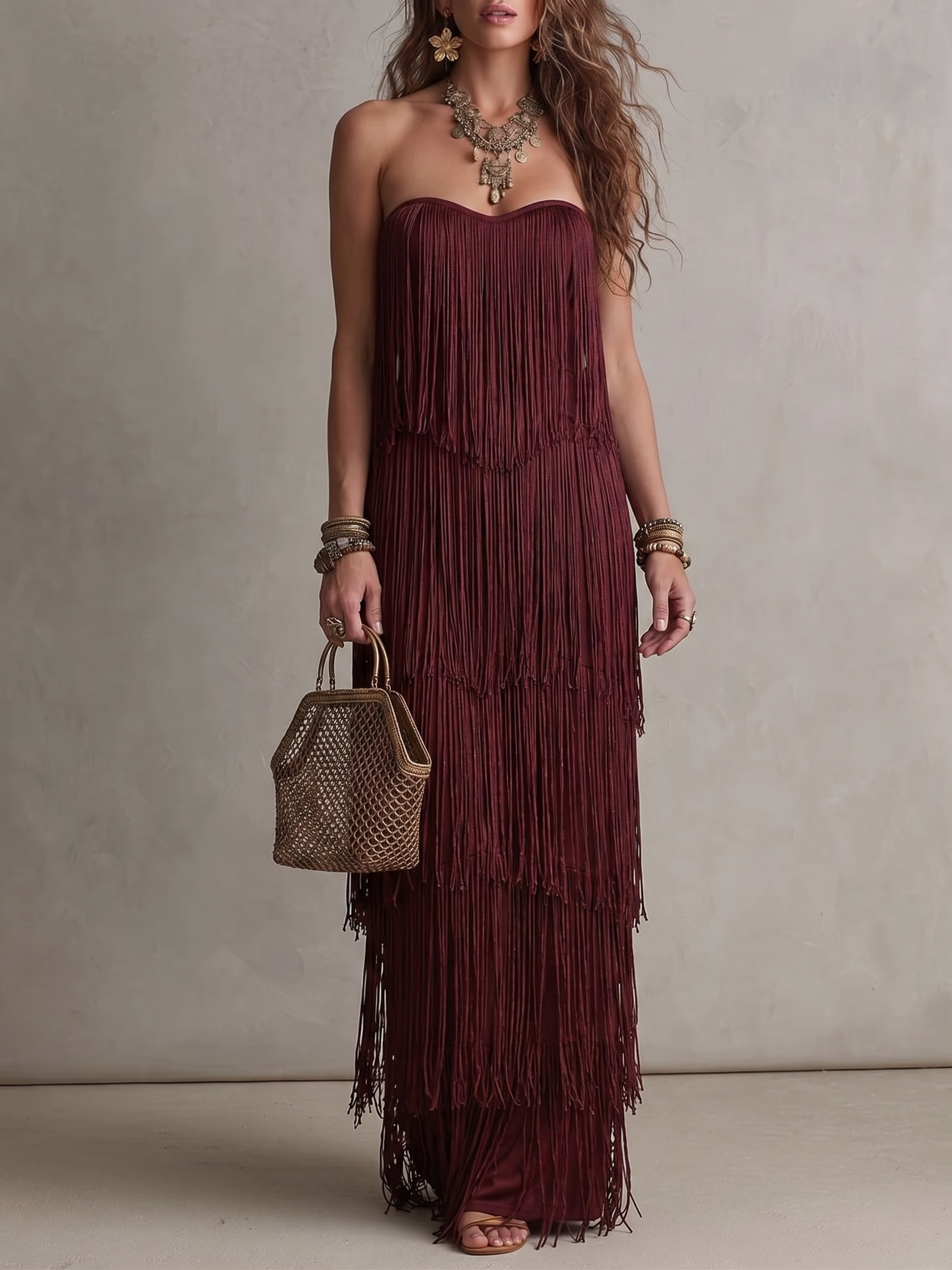 Strapless Tiered Fringe Detail Maxi Dress