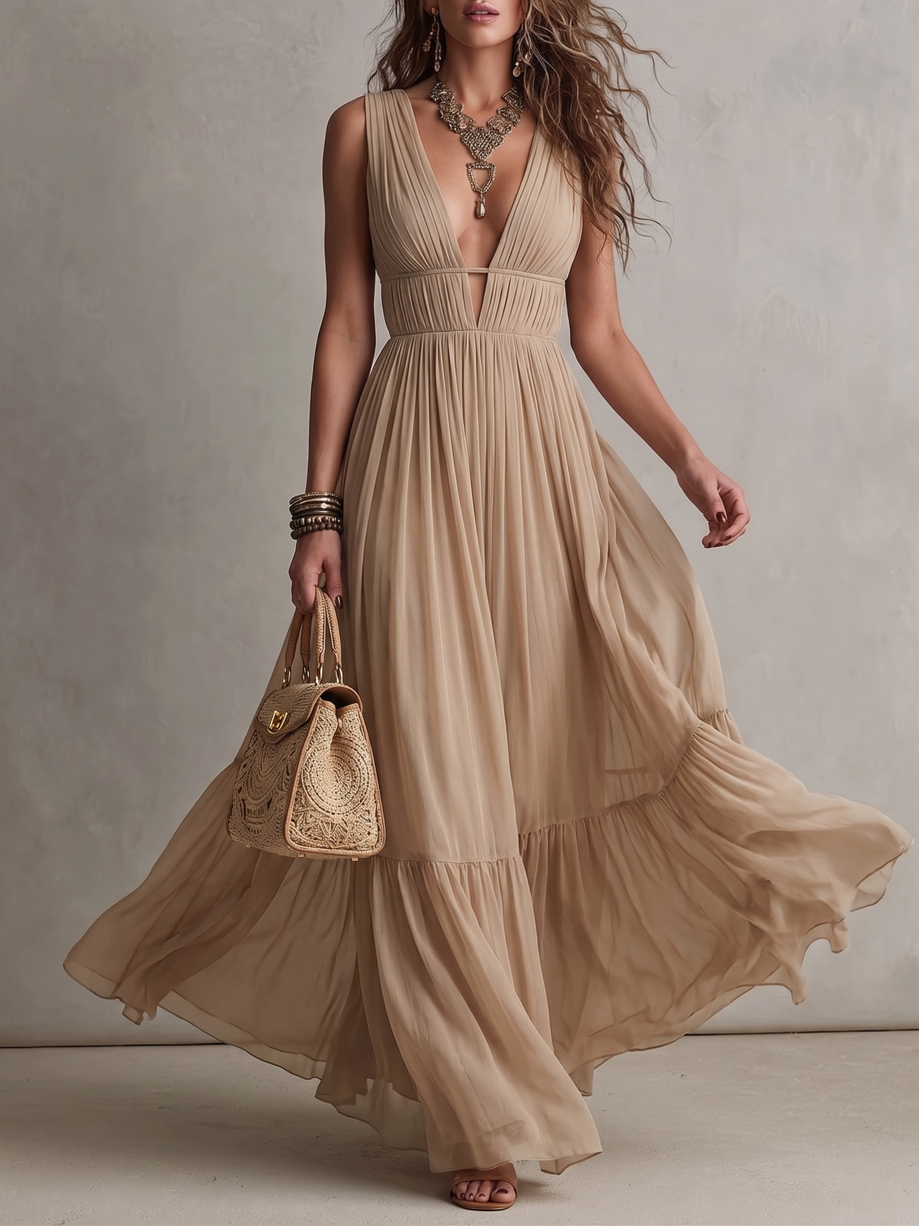 Deep V-Neck Pleated Gathered Tiered Maxi Dress