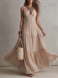 Sleeveless Deep V-Neck Tiered Pleated Maxi Dress