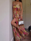 Strapless Floral Print High Slit Maxi Dress