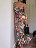 Cowl Neck Abstract Watercolor Spaghetti Strap Dress