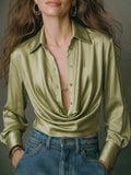 Satin Drape Front Button-Down Shirt