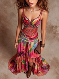 Embellished Floral Print Lace Trim Spaghetti Strap Dress
