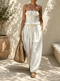 White Smocked Tube Top And Balloon Pants Set