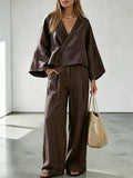 Dark Brown Wrap-Style Top And Pants Set