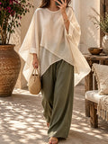 Cream White Poncho Top And Olive Green Pants Set