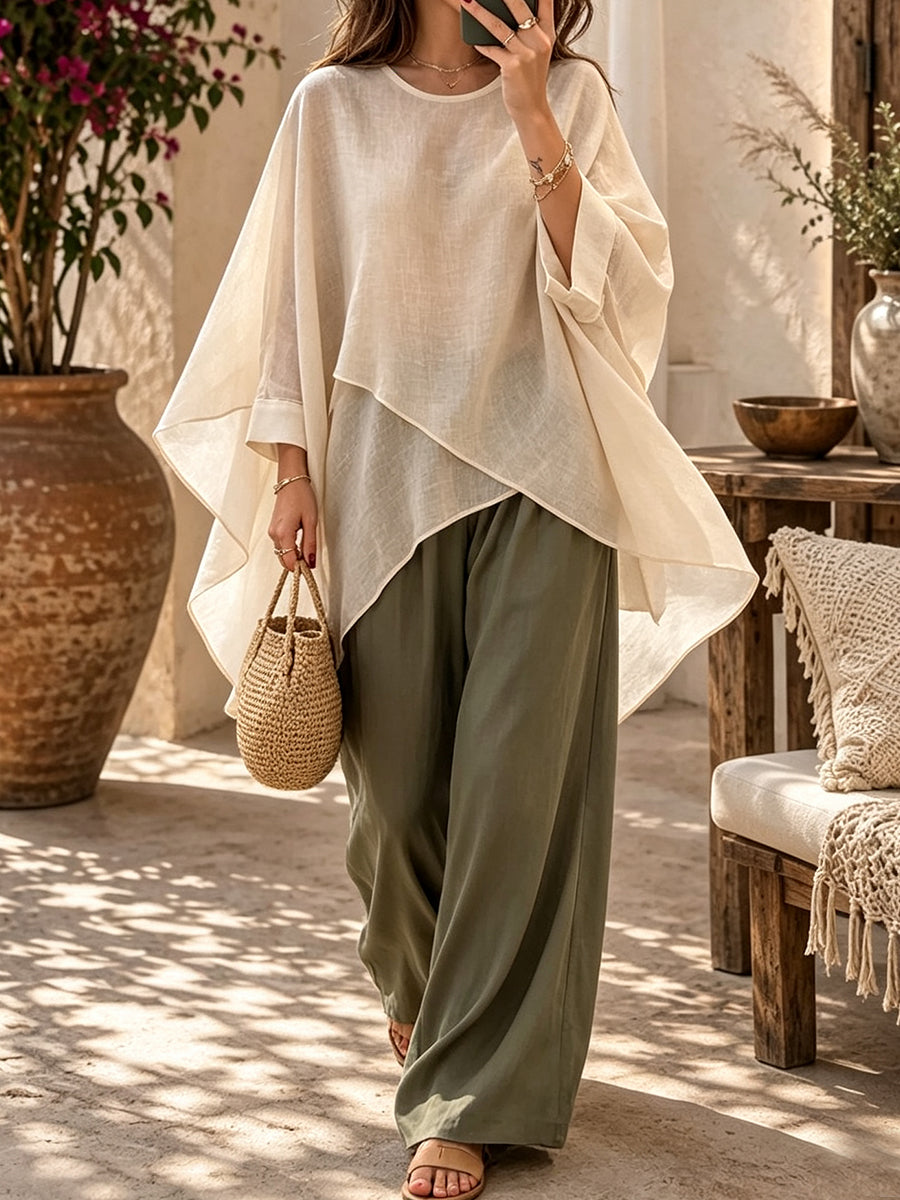 Cream White Poncho Top And Olive Green Pants Set