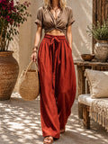 Mocha Twist-Front Crop Top And Rust Wide-Leg Pants Set