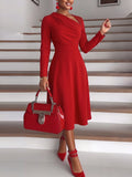 Red Long-Sleeve Asymmetric Draped A-Line Dress