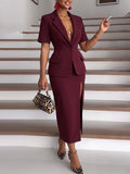 Burgundy Short-Sleeve Blazer and High-Slit Skirt Set
