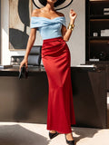 Color-Block Off-Shoulder Satin Maxi Dress