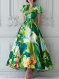 Green Abstract Floral Puff Sleeve Midi Dress