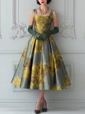 Satin Floral Print Square Neck A-Line Dress