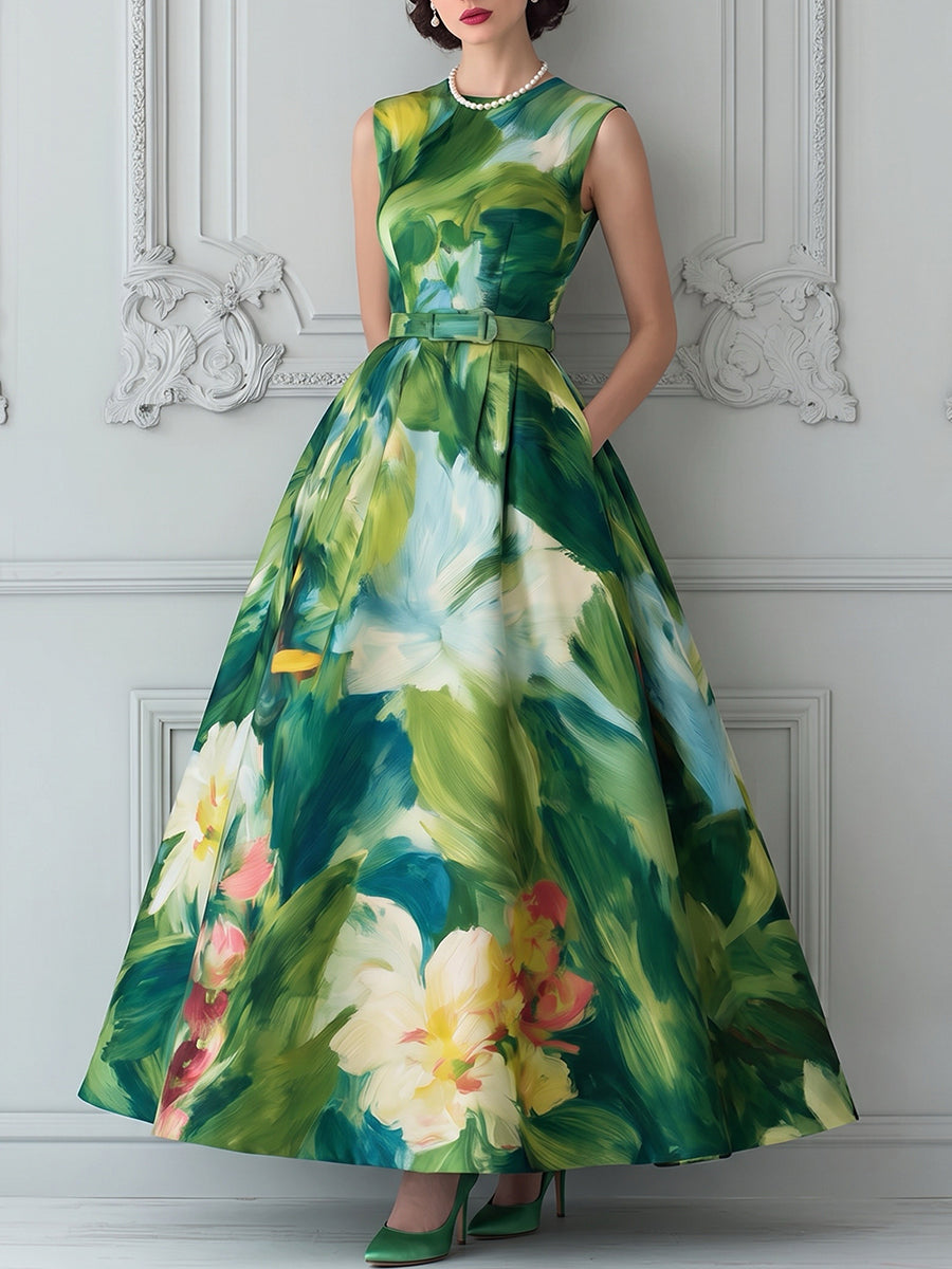 Green Abstract Floral Sleeveless Belted Midi Dress