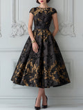 Black Gold Leaf Brocade A-Line Midi Dress