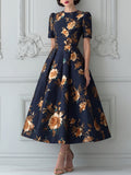 Navy And Gold Floral Puff Sleeve Midi Dress
