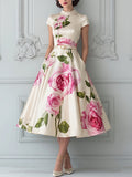 Cream Pink Rose Print Short-Sleeve Midi Dress