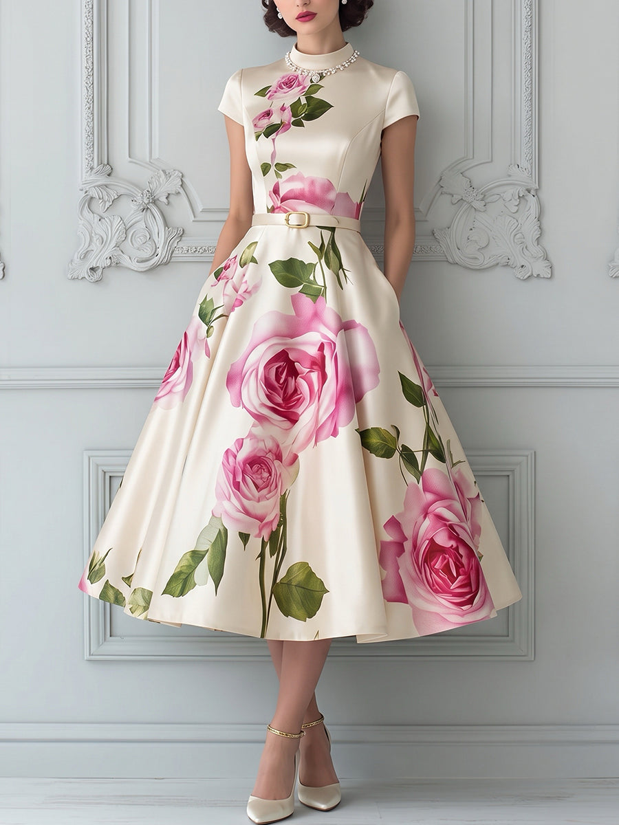 Cream Pink Rose Print Short-Sleeve Midi Dress