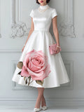 White High Neck Rose Print Cocktail Dress