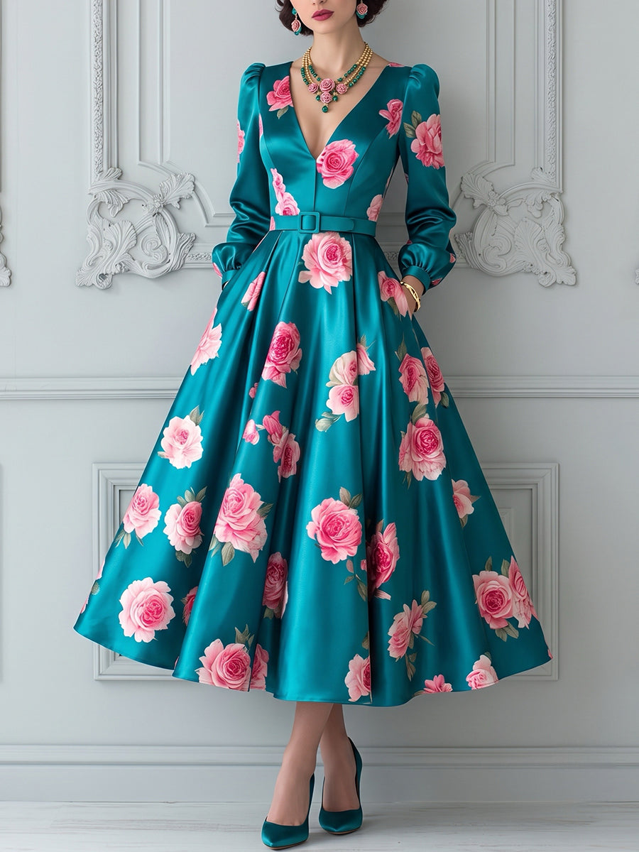 Teal Pink Rose Print V-Neck Midi Dress