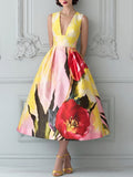 Yellow Sleeveless Red Floral Midi Dress