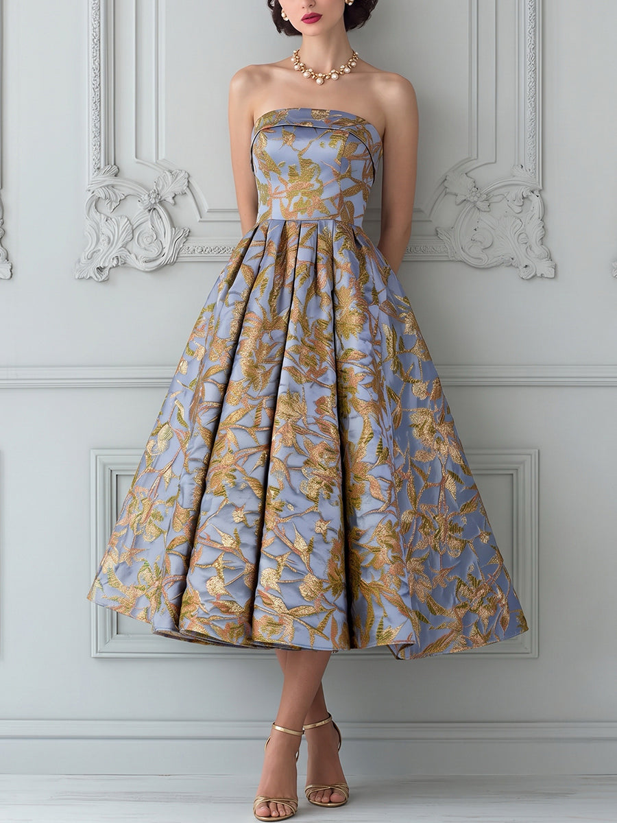 Periwinkle Gold Floral Strapless Midi Dress