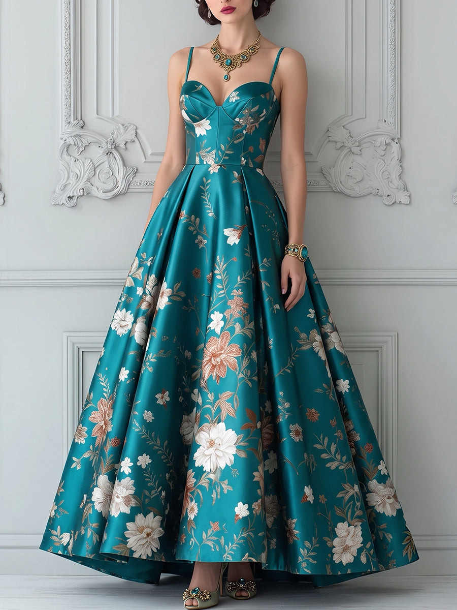 Teal Corset Style Floral Maxi Dress
