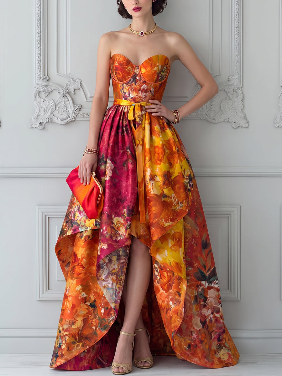 Sunset Floral Strapless High-Low Dress