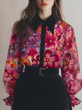 Abstract Watercolor Floral Print Sheer Blouse
