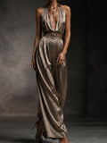Halter Deep V Satin Wide Leg Jumpsuit