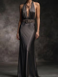 Halter Deep V Satin Column Gown