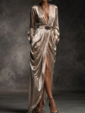 Long Sleeve Draped Satin Wrap Maxi Dress