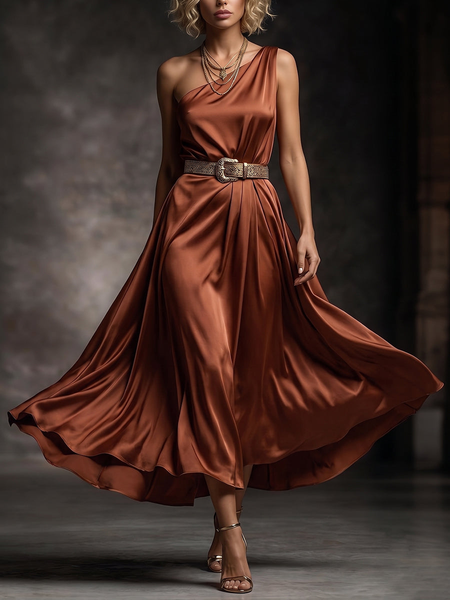 Copper One-Shoulder Belted Satin Midi Dress